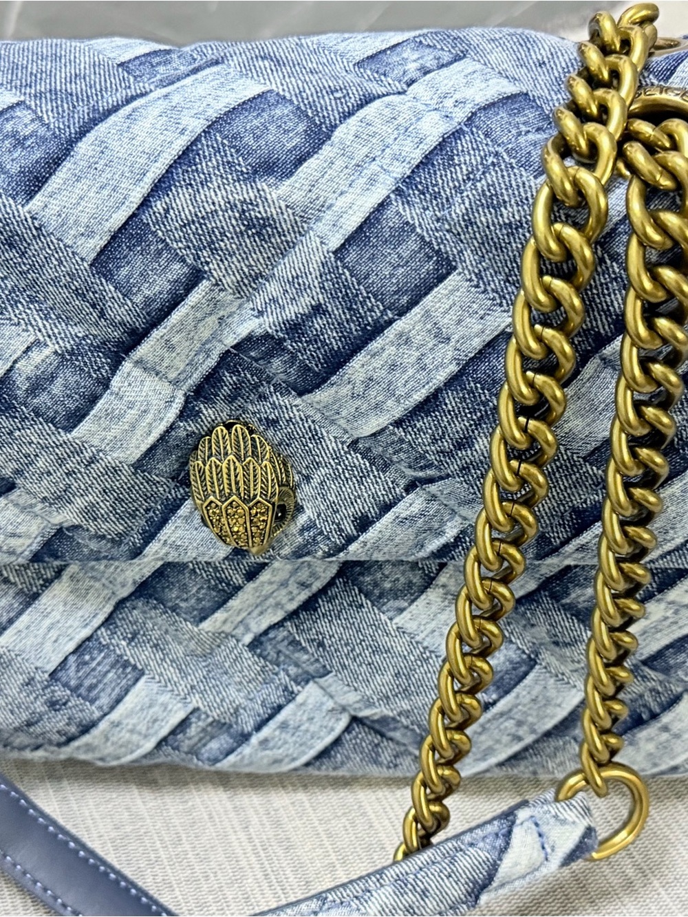 Kurt Geiger Woven Light Blue Denim Shoulder Bag with Gold Chain